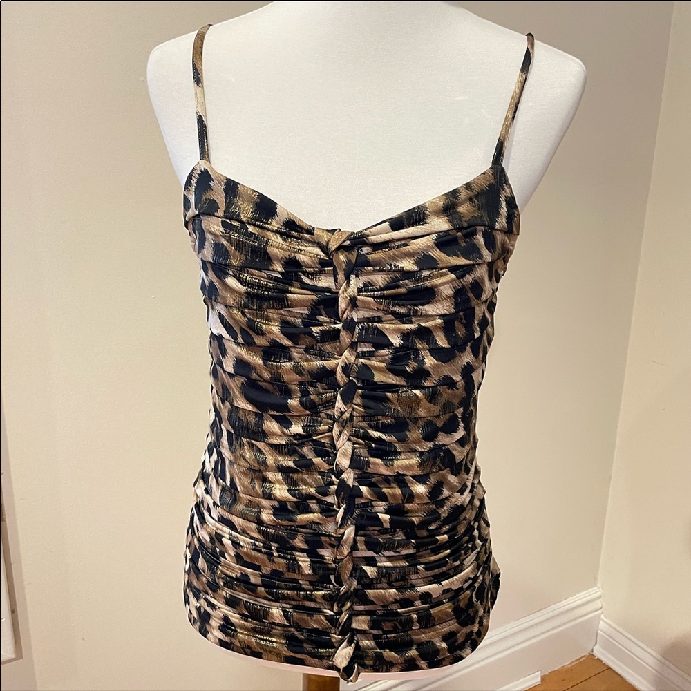Cache Leopard Print Ruched Cami Top in Black and Brown